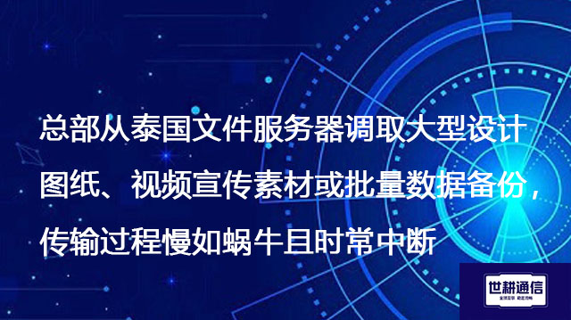 总部从泰国文件服务器调取大型设计图纸、视频宣传素材或批量数据备份,传输过程慢如蜗牛且时常中断--解决方案//世耕通信全球办公专网专线